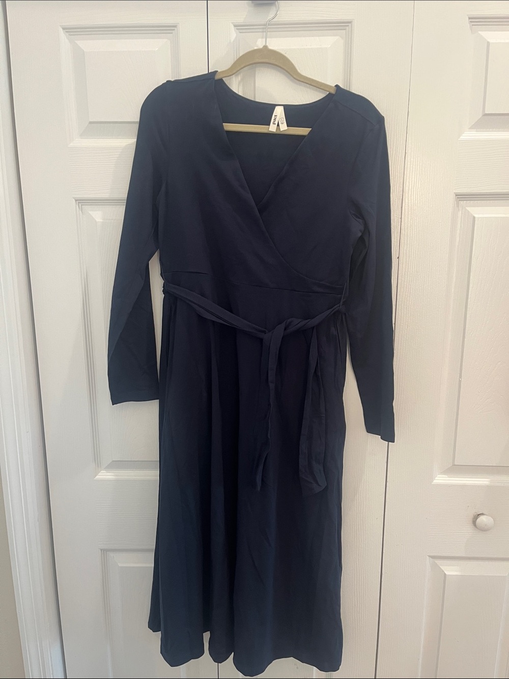 Pact Women's Navy Wrap Midi Dress with Tie Waist